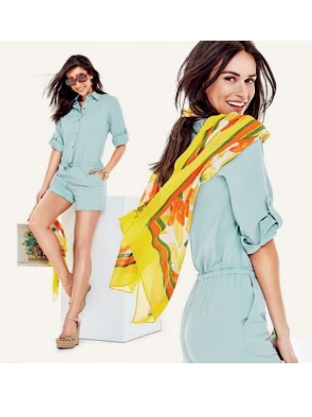CAbi Pale Blue Denim Romper with Drawstring Waist
